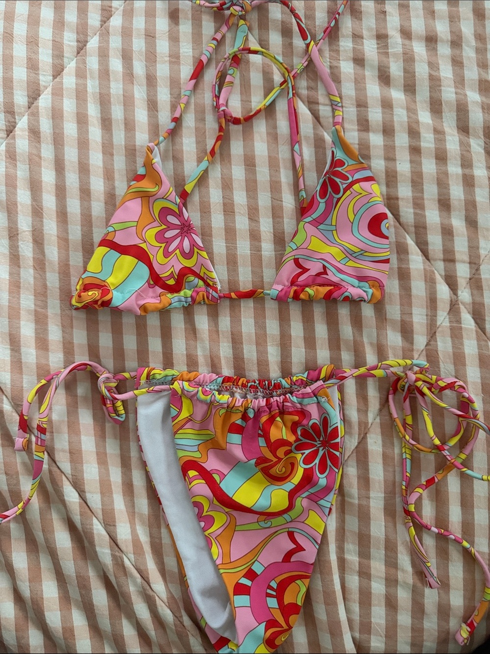 Colorful Retro Floral String Bikini — Pink, Yellow, Red